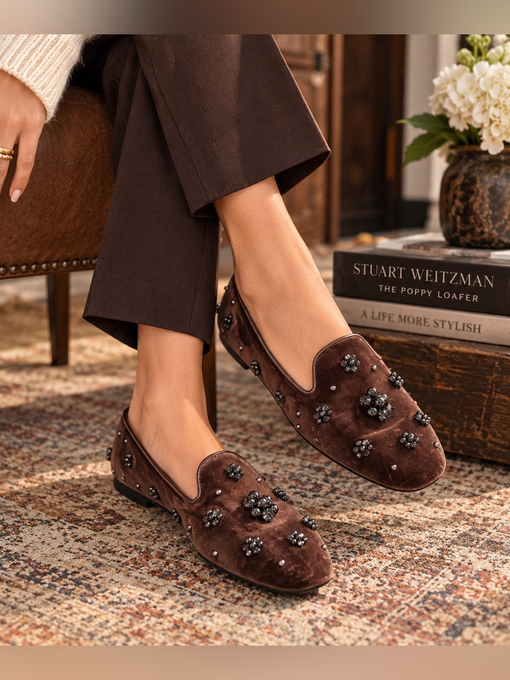 Stuart Weitzman Poppy Loafers Chocolate Brown Velvet Embellished 8.5
